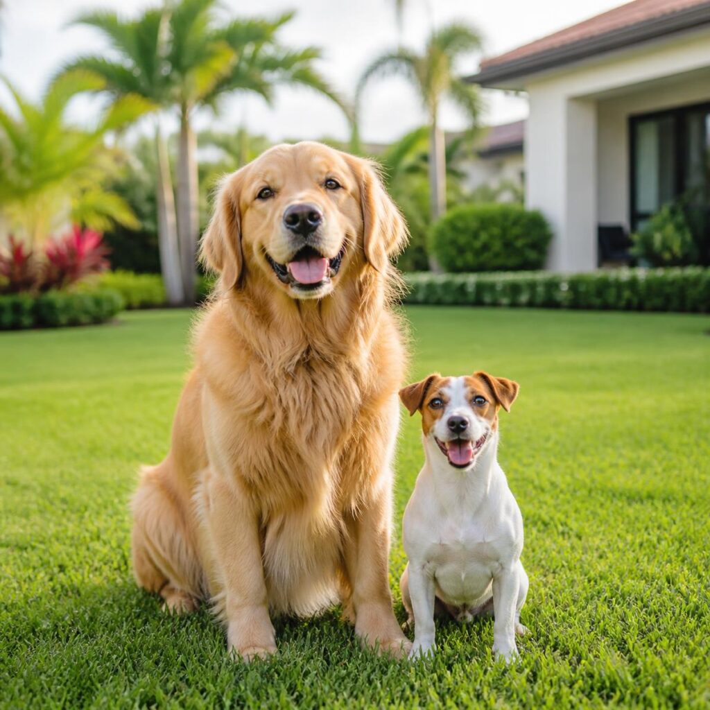 Golden retriever and small terrier sitting together on a clean, freshly maintained lawn